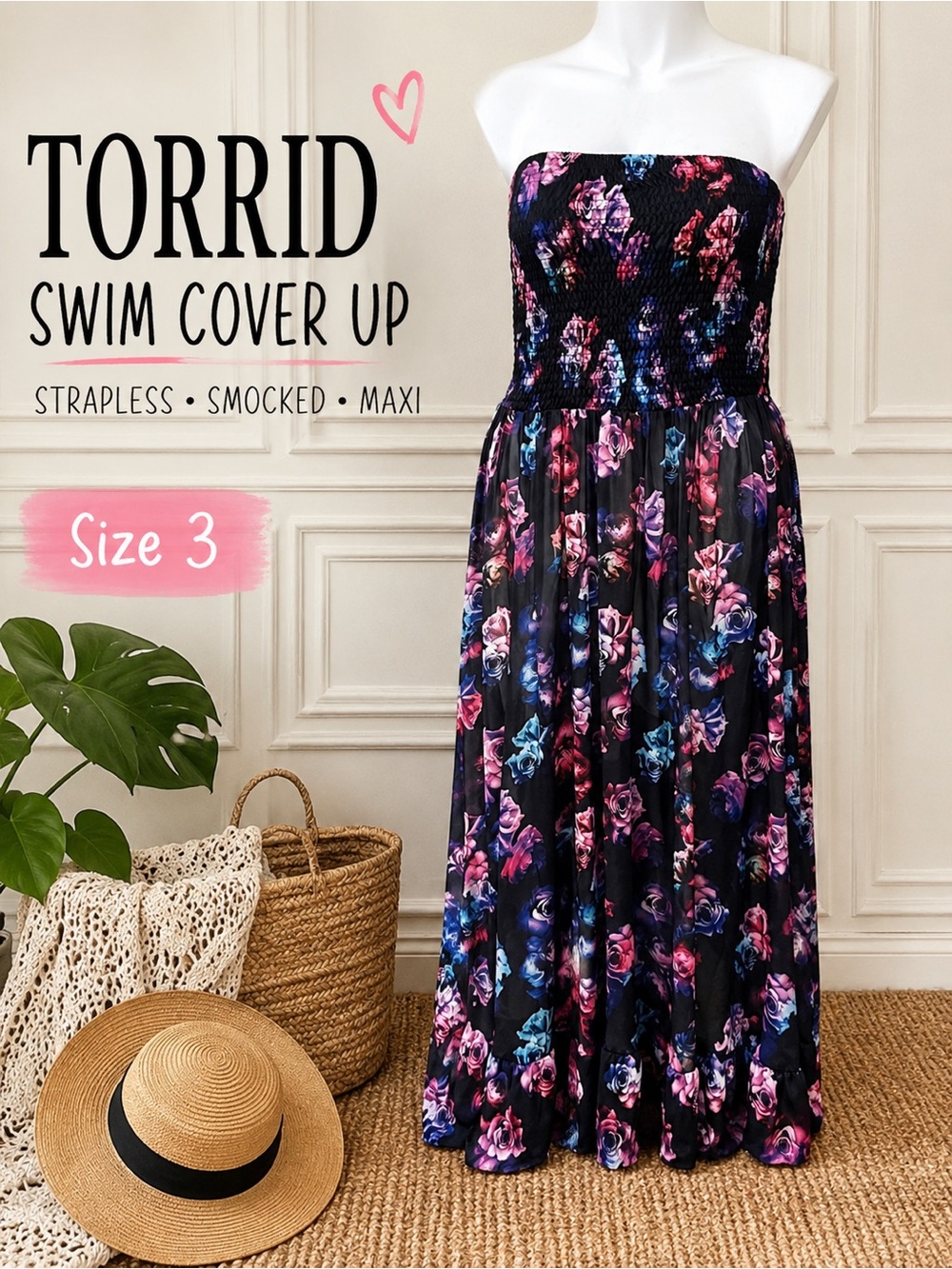 torrid Black Floral Strapless Smocked Maxi Cover-Up